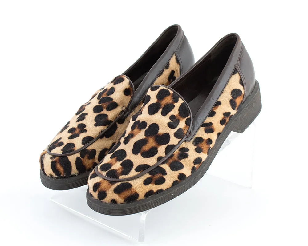 1990s Leopard Print Pony Hair & Leather Loafers | size 10/10.5