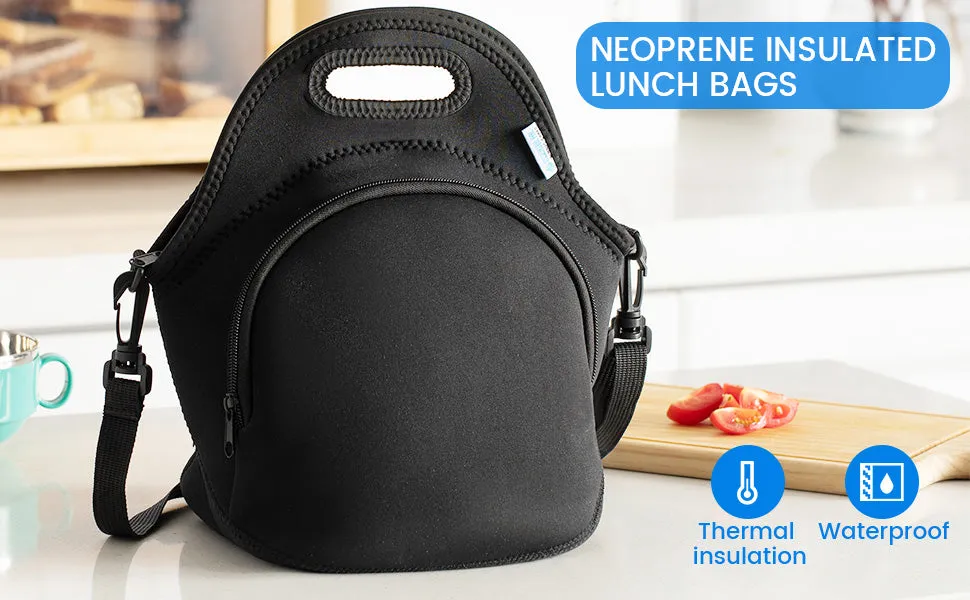 Black Insulated Lunch Bag Tote – Thick, Durable Neoprene Lunch Bags with Double-Layer Insulation & Insulated Bottle Holder