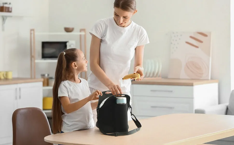 Black Insulated Lunch Bag Tote – Thick, Durable Neoprene Lunch Bags with Double-Layer Insulation & Insulated Bottle Holder