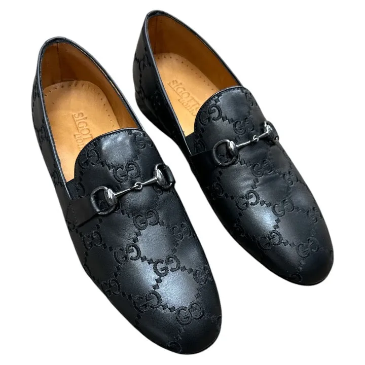 Black Men's Luxury Trendy Loafers Slip-on Dress Shoes with Sliver Buckle Style No: 1150