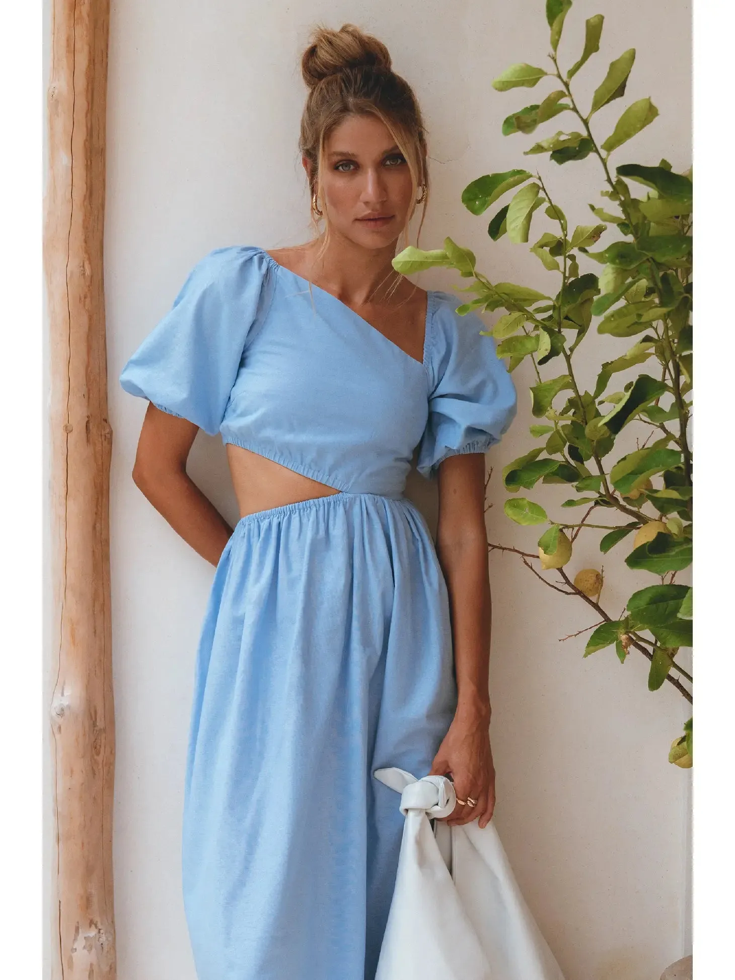 Blue Asymetrical Cutout Linen Midi Dress