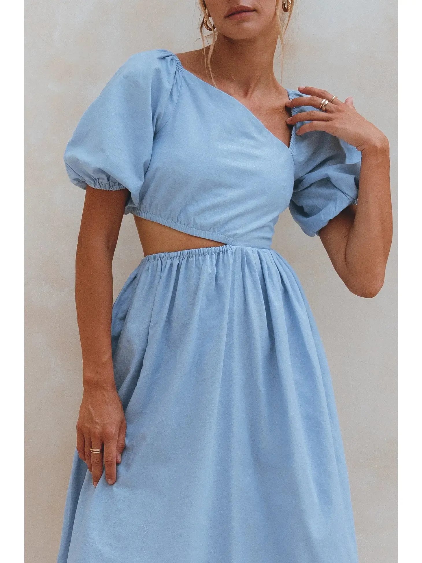 Blue Asymetrical Cutout Linen Midi Dress