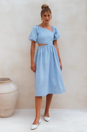 Blue Asymetrical Cutout Linen Midi Dress