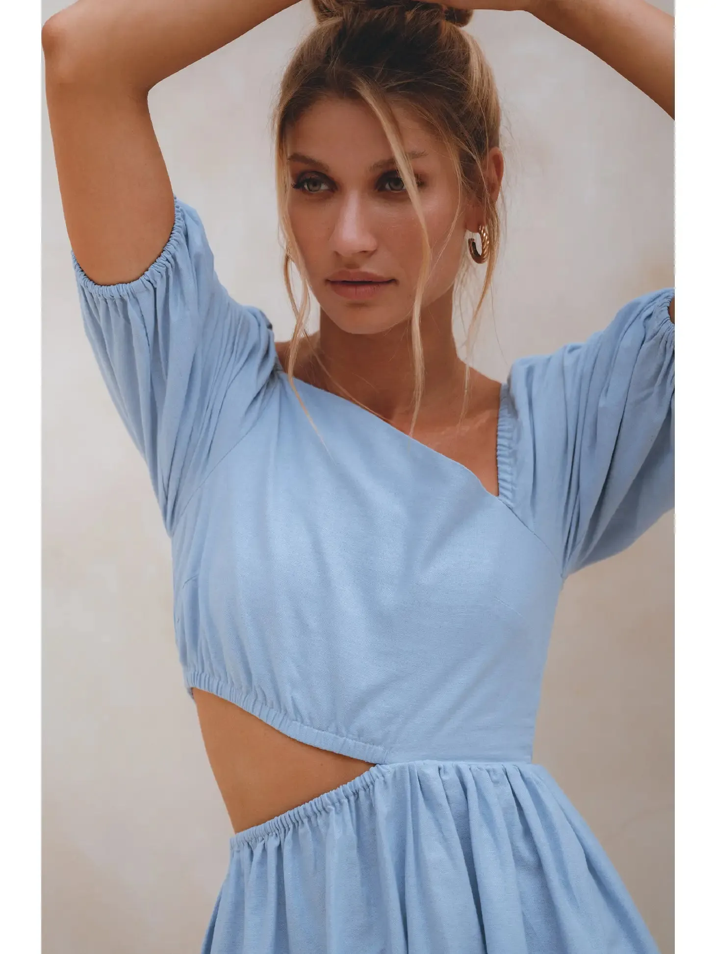 Blue Asymetrical Cutout Linen Midi Dress