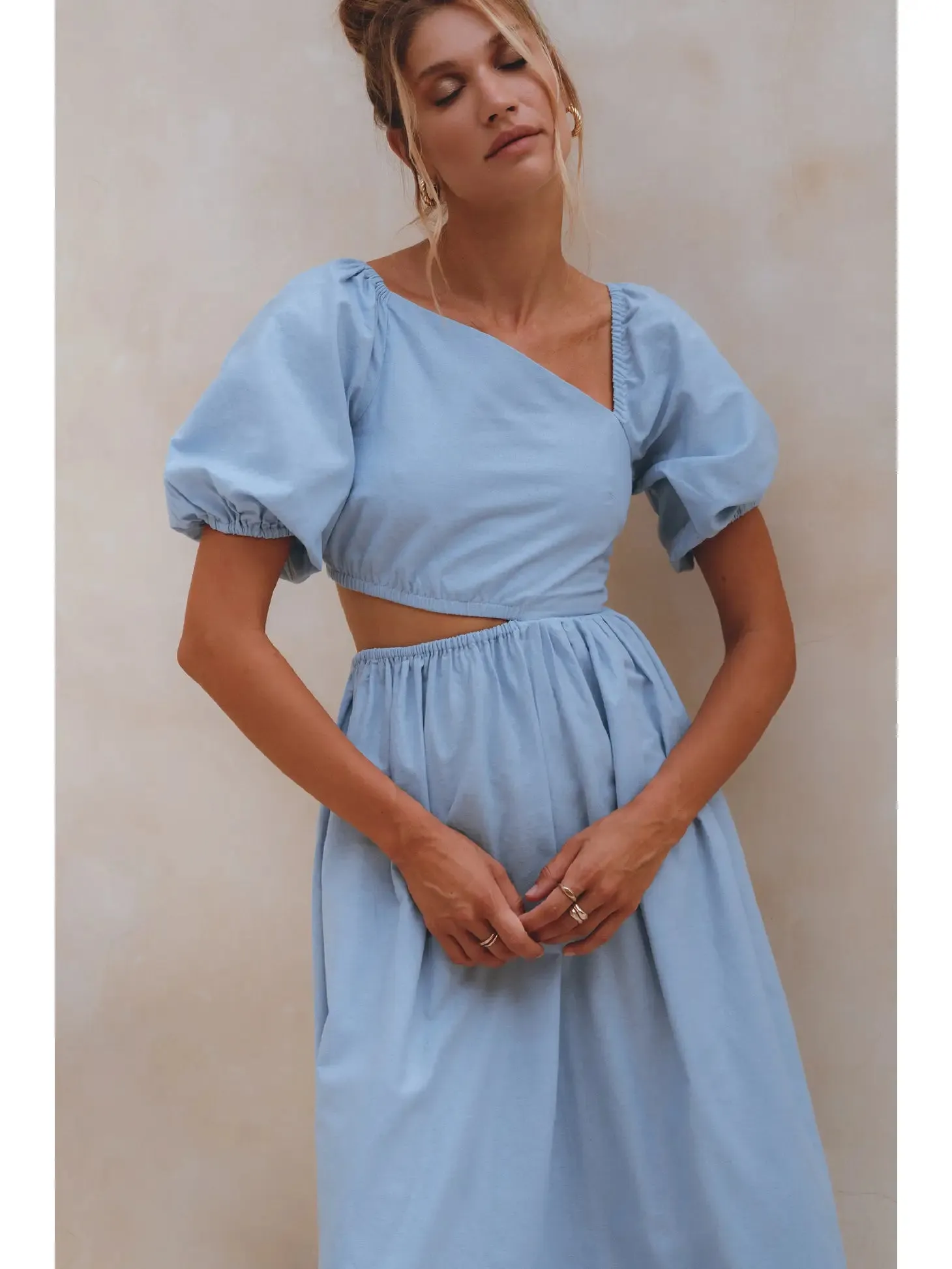 Blue Asymetrical Cutout Linen Midi Dress