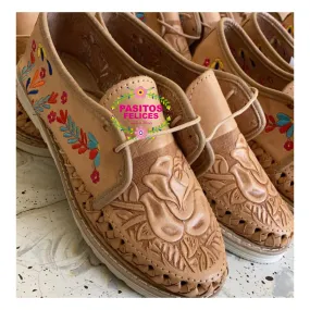 Embroidered Mocasines Artesanales - Light Tan Tooled Embroidered Loafers