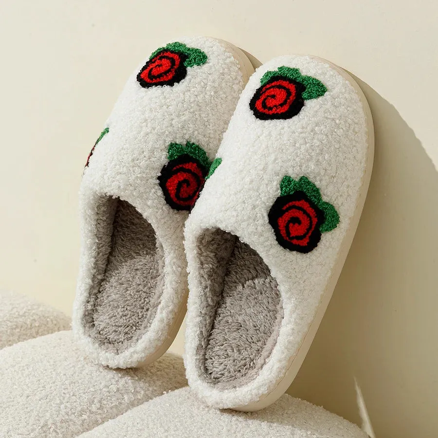 Fleece Slippers with Rose Embroidery for Women
