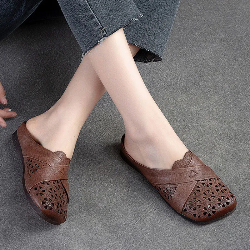 Genuine Leather Sandals For Women Breathable Hollow Soft Retro Flat Slides