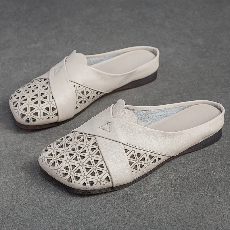 Genuine Leather Sandals For Women Breathable Hollow Soft Retro Flat Slides
