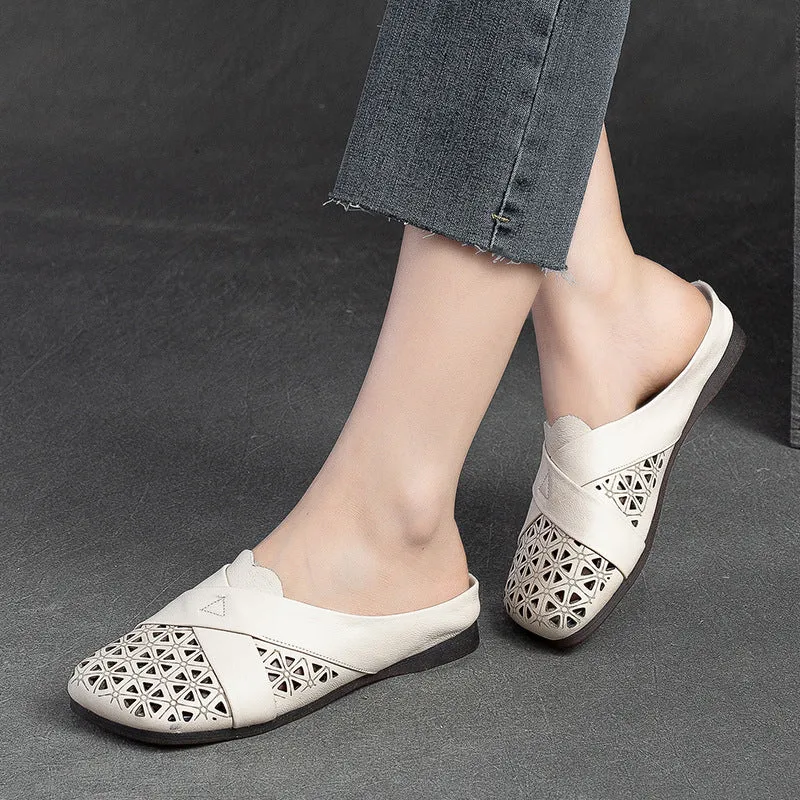 Genuine Leather Sandals For Women Breathable Hollow Soft Retro Flat Slides