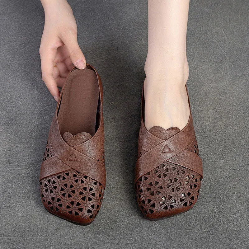 Genuine Leather Sandals For Women Breathable Hollow Soft Retro Flat Slides