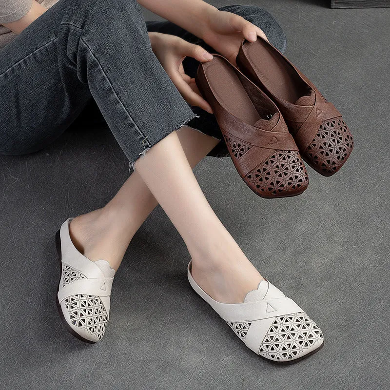Genuine Leather Sandals For Women Breathable Hollow Soft Retro Flat Slides