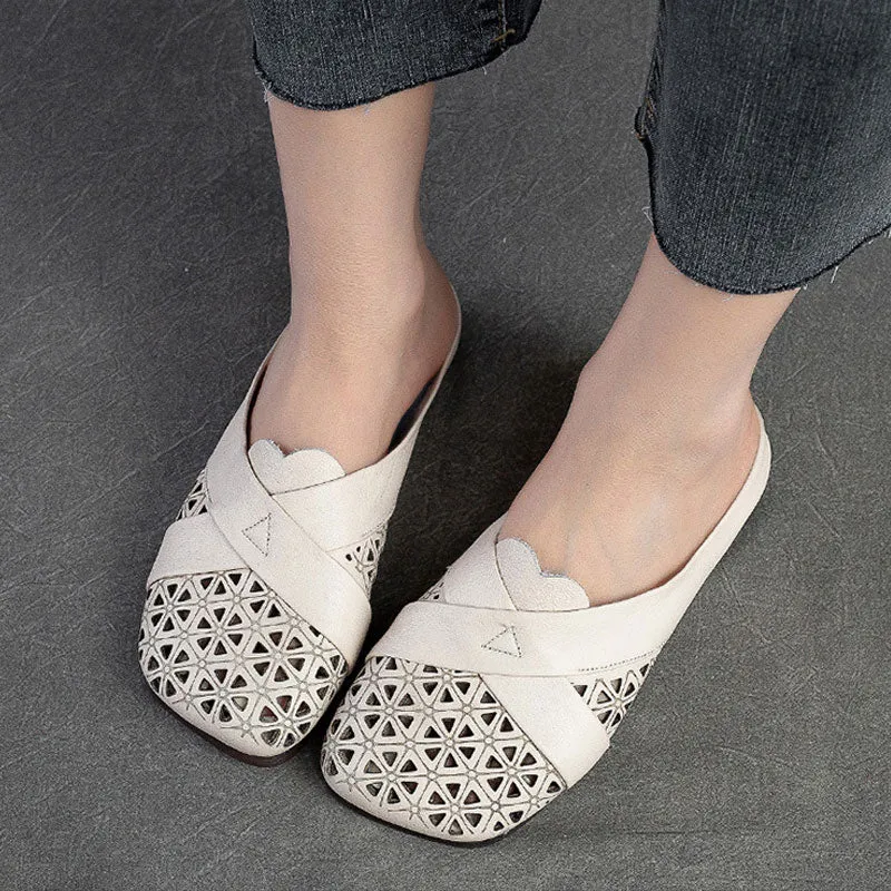 Genuine Leather Sandals For Women Breathable Hollow Soft Retro Flat Slides