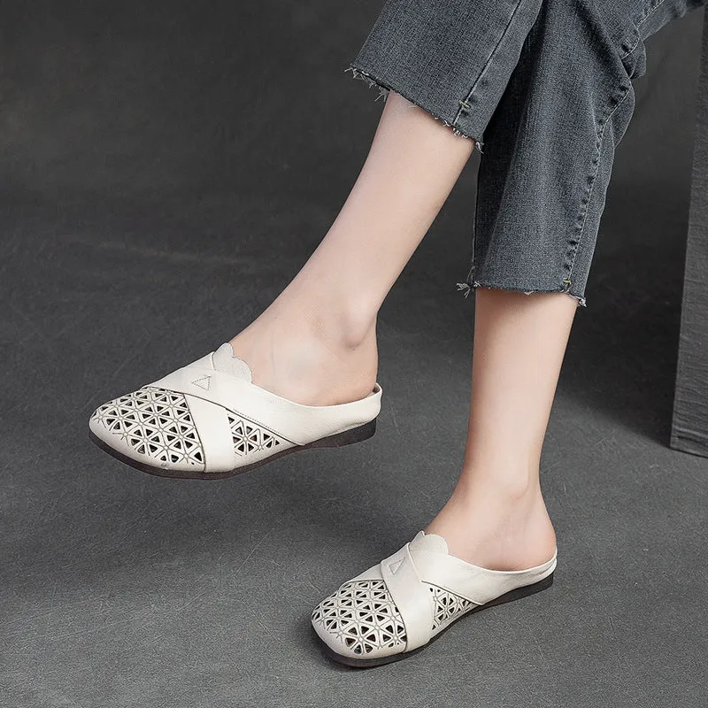 Genuine Leather Sandals For Women Breathable Hollow Soft Retro Flat Slides