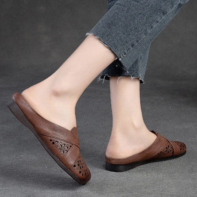 Genuine Leather Sandals For Women Breathable Hollow Soft Retro Flat Slides
