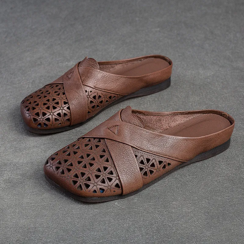 Genuine Leather Sandals For Women Breathable Hollow Soft Retro Flat Slides