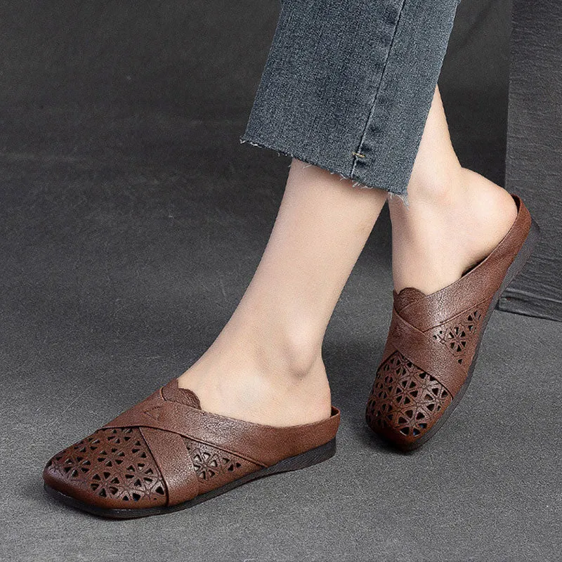 Genuine Leather Sandals For Women Breathable Hollow Soft Retro Flat Slides