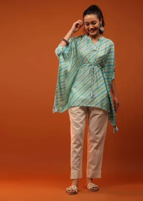 Green And Blue Kaftan With Tassels On Chevron Print