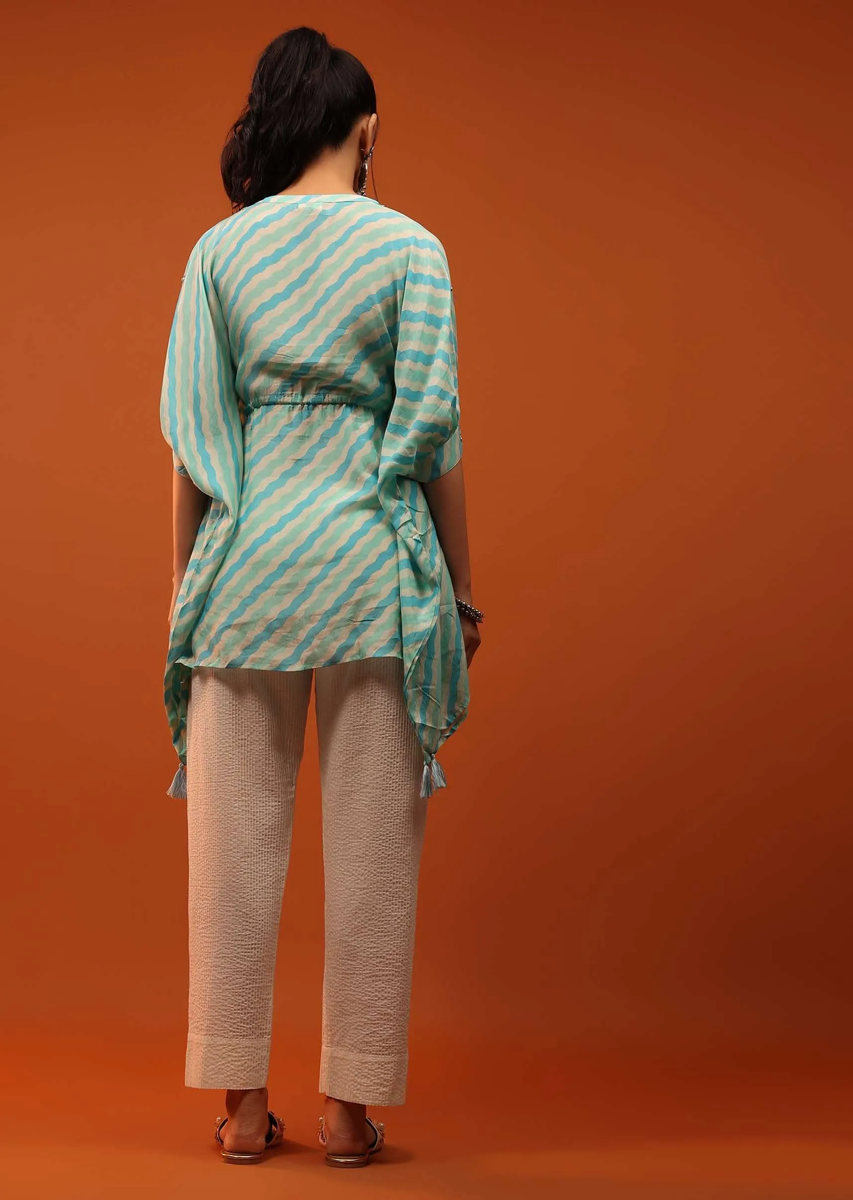 Green And Blue Kaftan With Tassels On Chevron Print