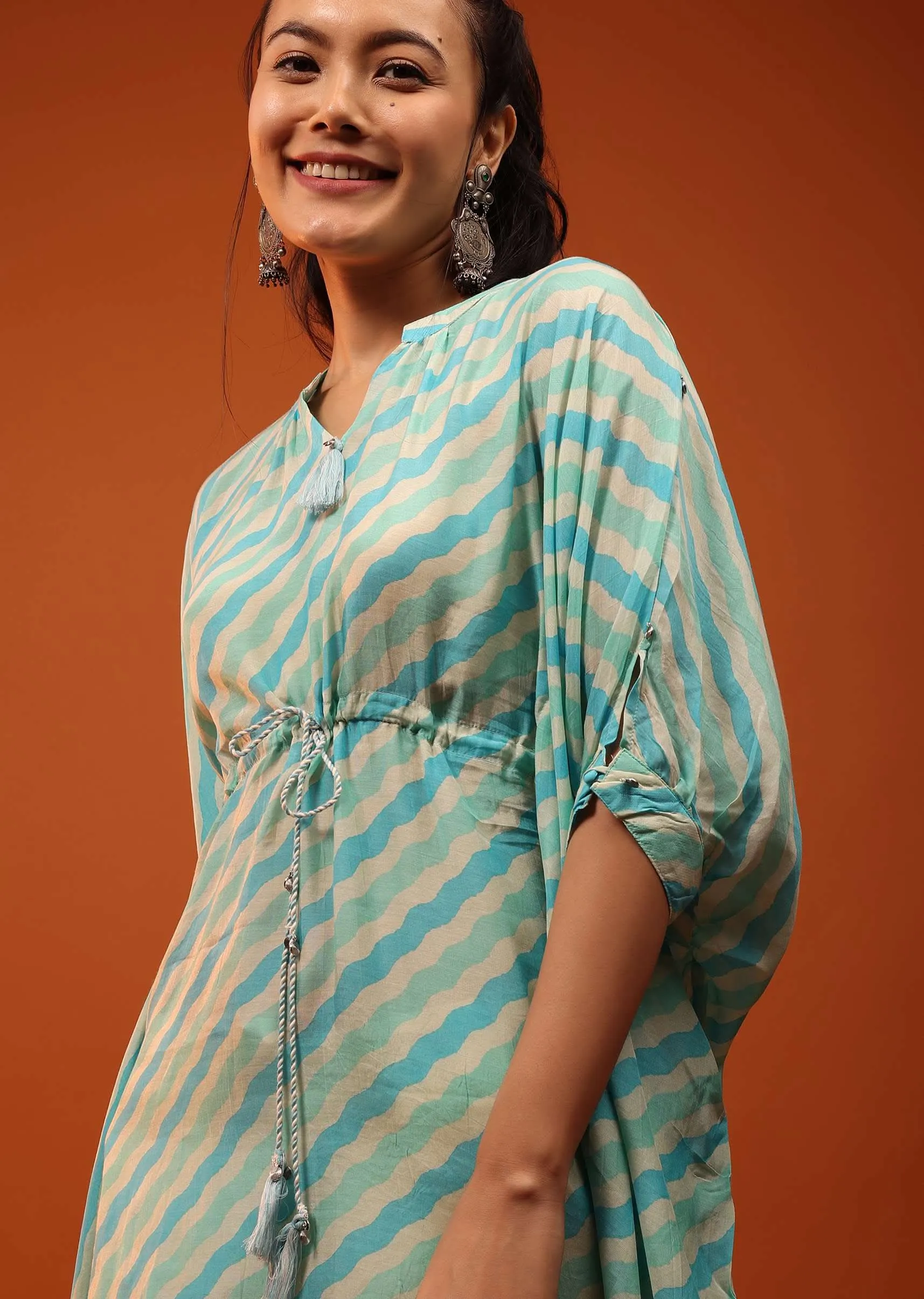 Green And Blue Kaftan With Tassels On Chevron Print
