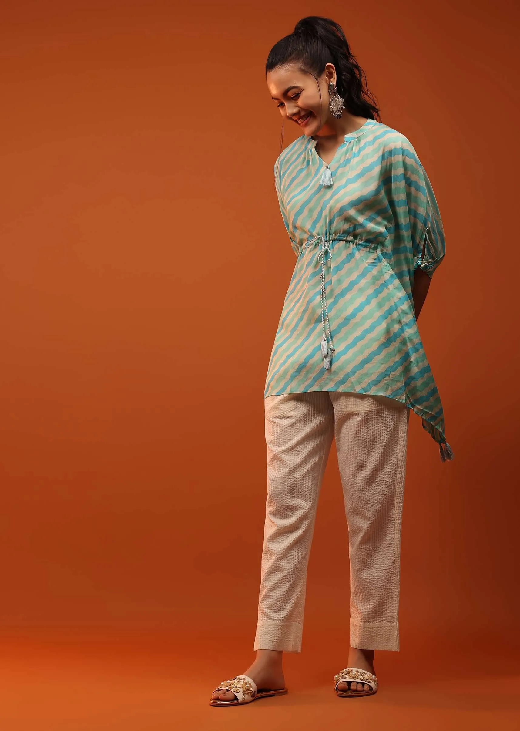 Green And Blue Kaftan With Tassels On Chevron Print