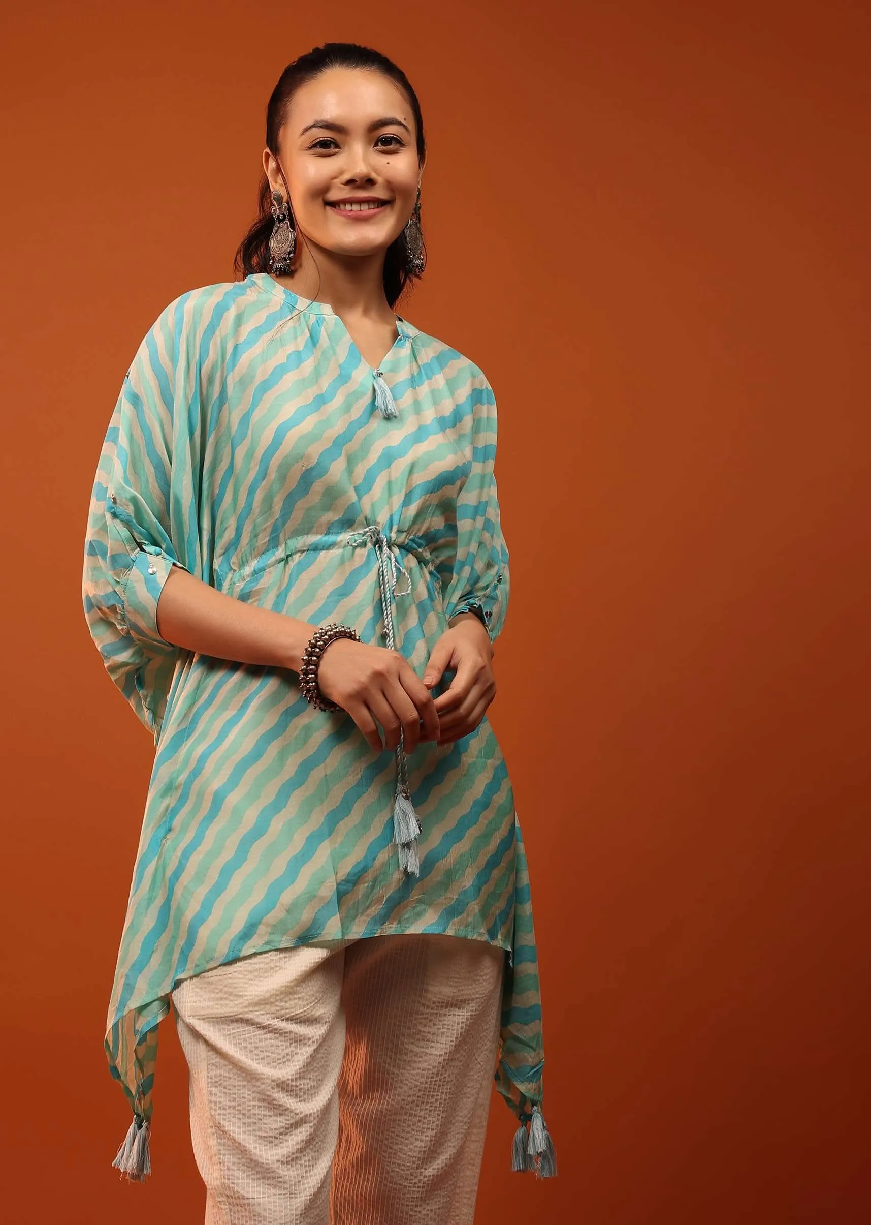 Green And Blue Kaftan With Tassels On Chevron Print