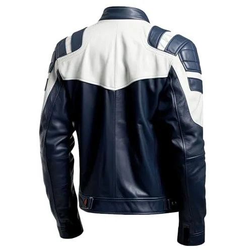 Leather Jets Mens Navy Blue White Genuine Sheepskin Stand Collar Stylish Zipup Racer Biker Casual Slimfit Leather Jacket