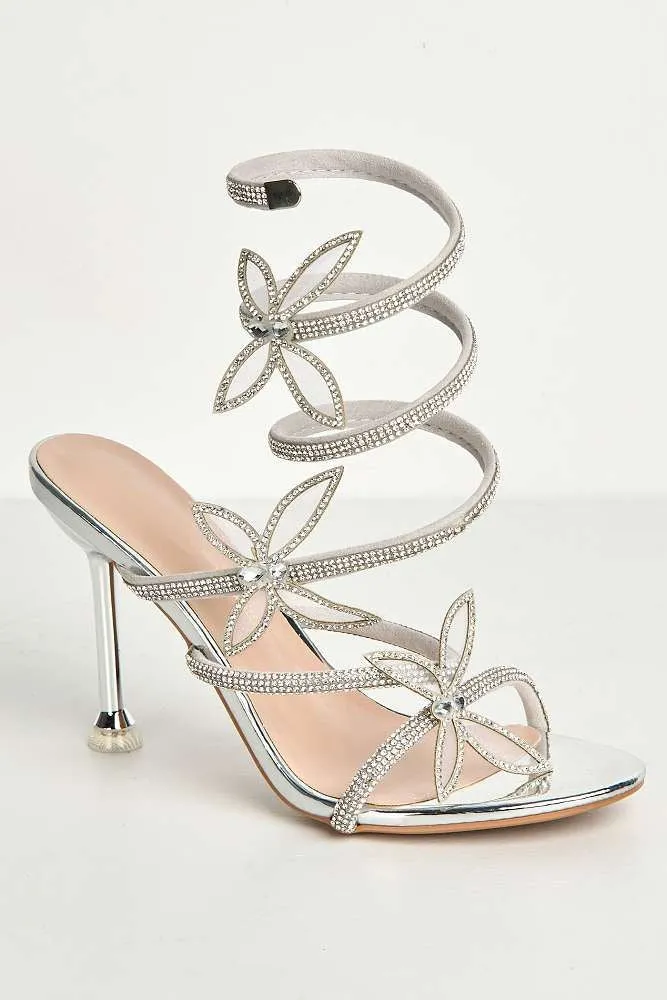 Toki Butterfly Detail Diamante Heeled Sandals in Silver