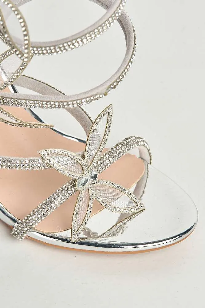Toki Butterfly Detail Diamante Heeled Sandals in Silver