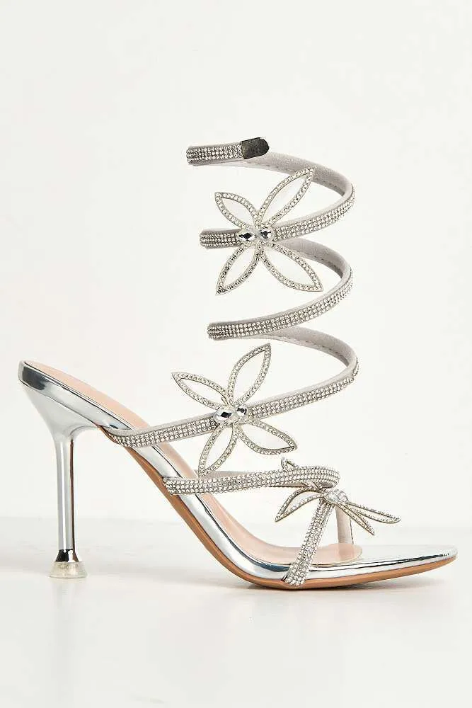 Toki Butterfly Detail Diamante Heeled Sandals in Silver