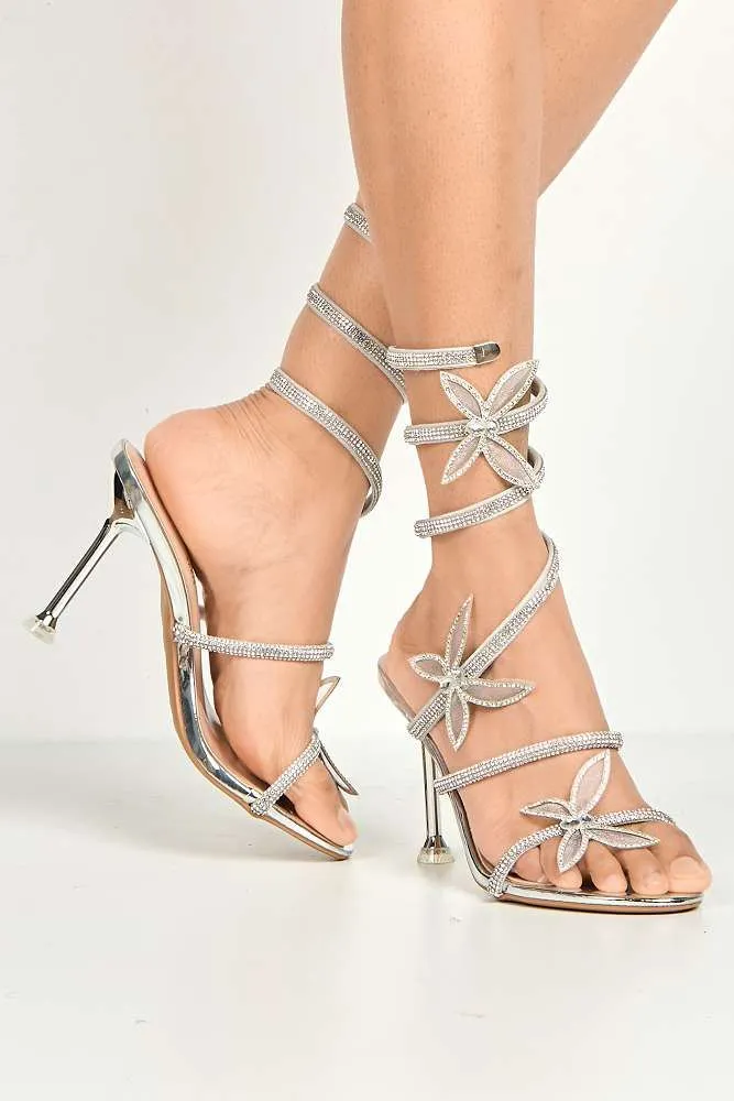 Toki Butterfly Detail Diamante Heeled Sandals in Silver