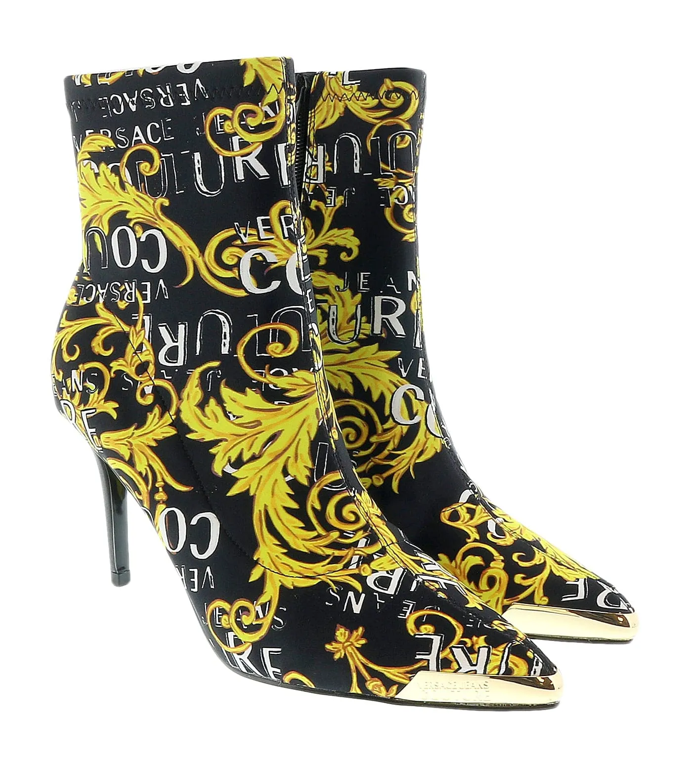 Versace Jeans Couture Black Gold Baroque Print Cap Toe High Heel Boots-
