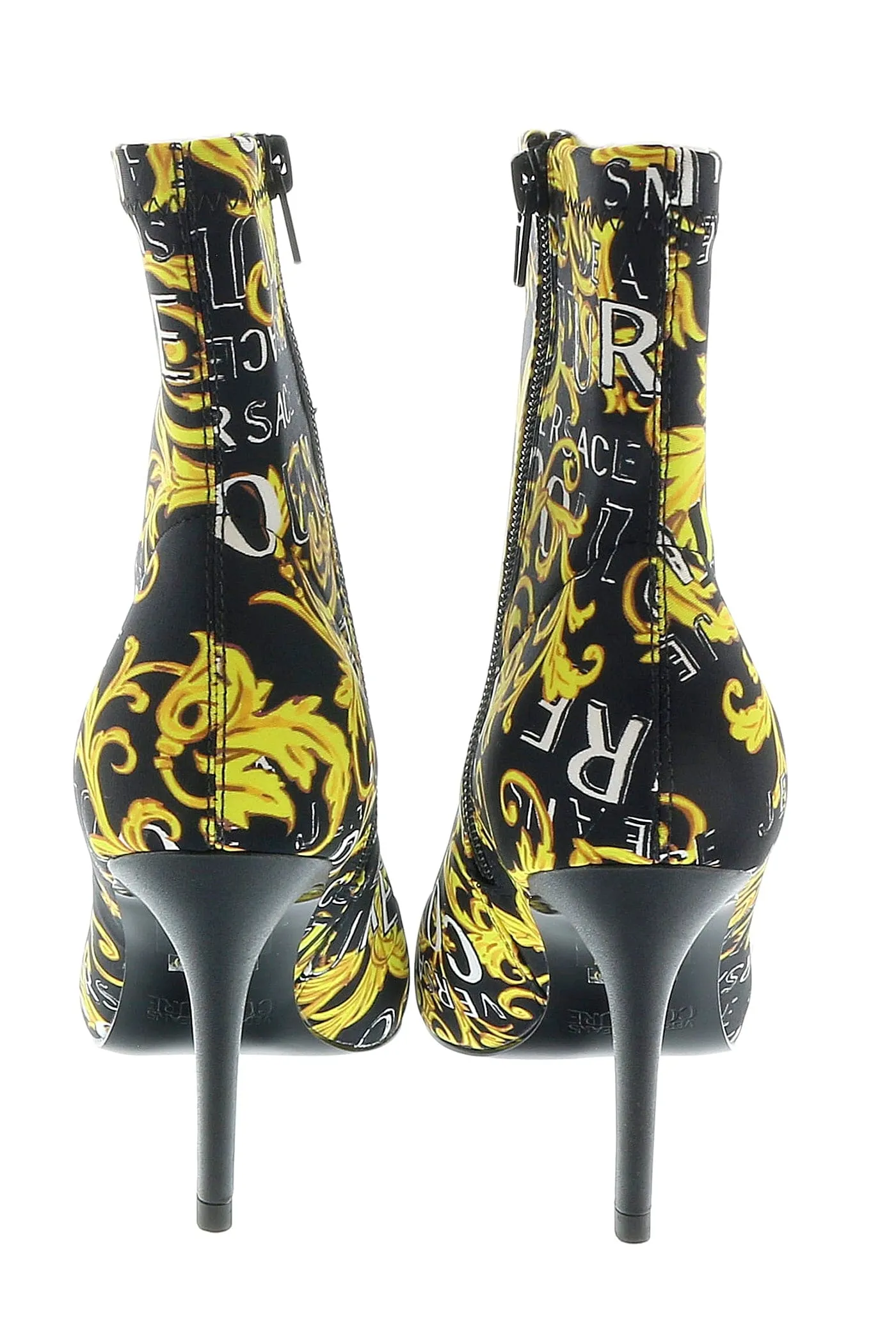 Versace Jeans Couture Black Gold Baroque Print Cap Toe High Heel Boots-