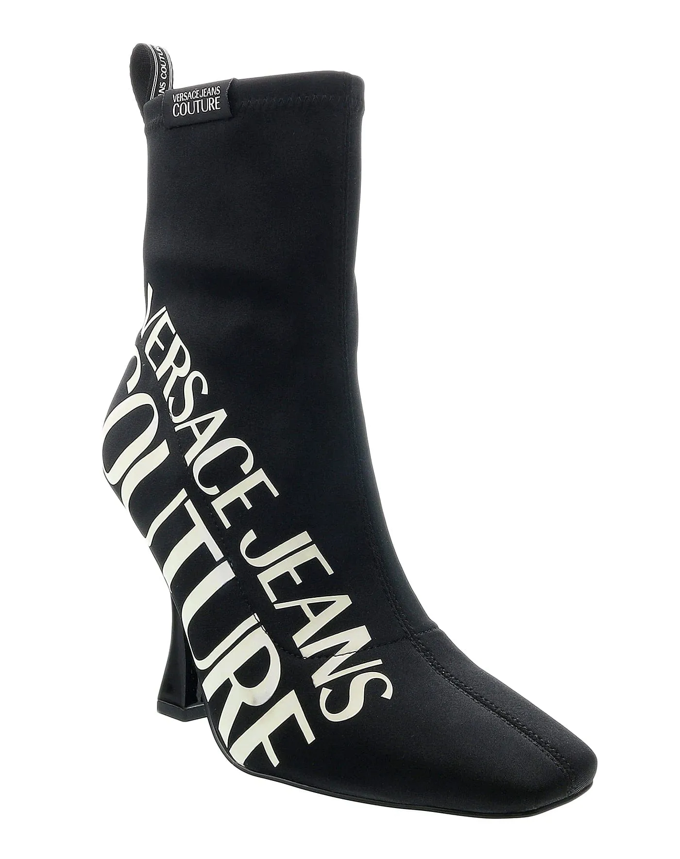 Versace Jeans Couture Black High Heel Signature Print Ankle Boots-