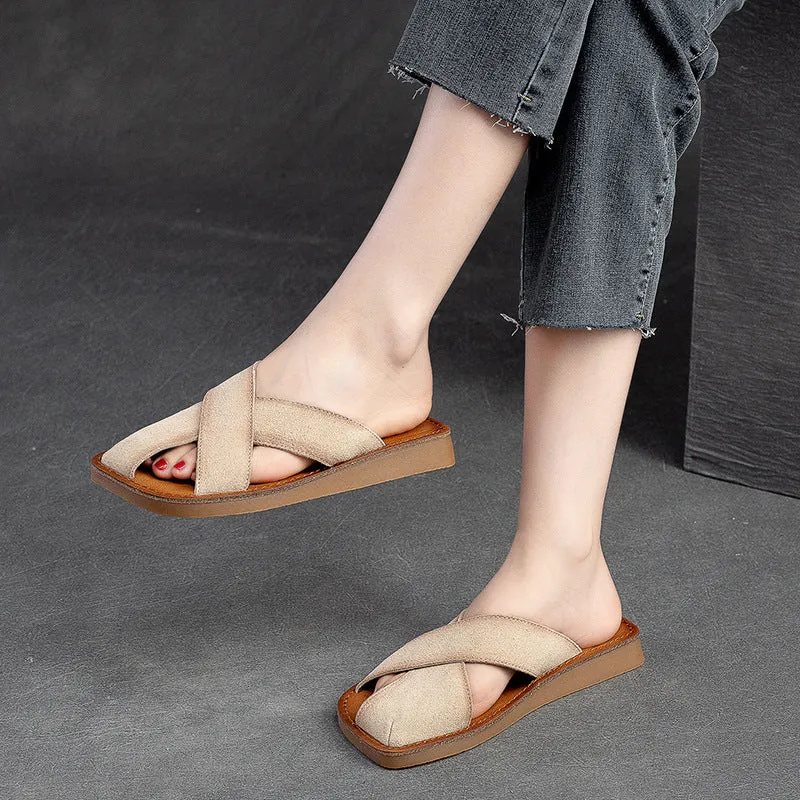 Women's Breathable Top Layer Cowhide Simple Casual Solid Color Slides