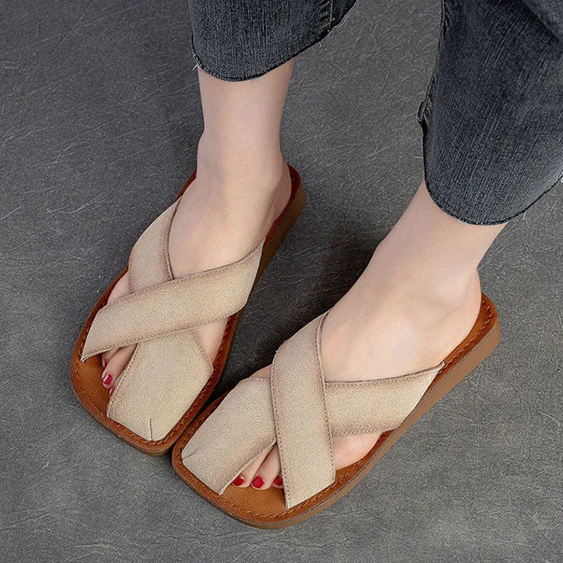 Women's Breathable Top Layer Cowhide Simple Casual Solid Color Slides