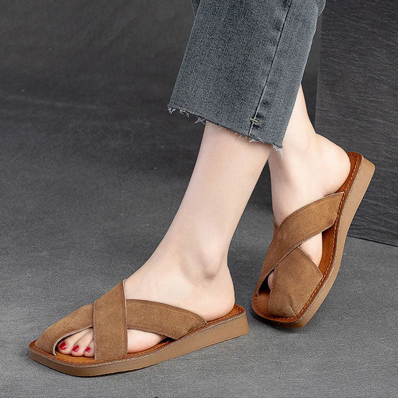 Women's Breathable Top Layer Cowhide Simple Casual Solid Color Slides