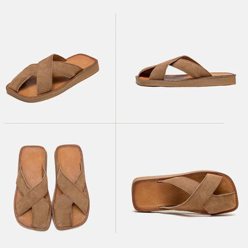Women's Breathable Top Layer Cowhide Simple Casual Solid Color Slides