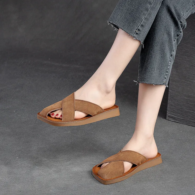 Women's Breathable Top Layer Cowhide Simple Casual Solid Color Slides