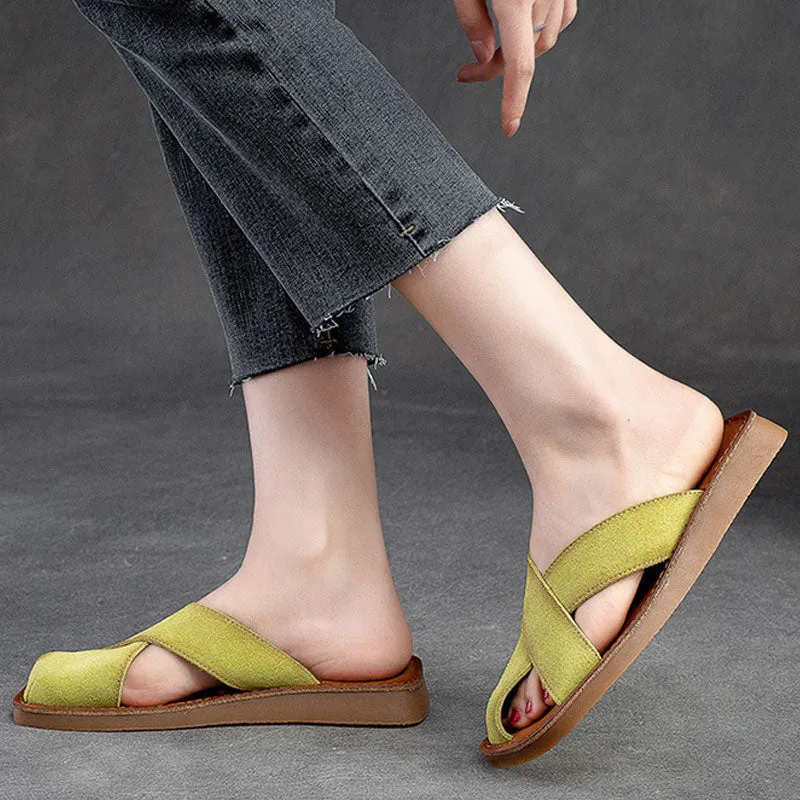 Women's Breathable Top Layer Cowhide Simple Casual Solid Color Slides