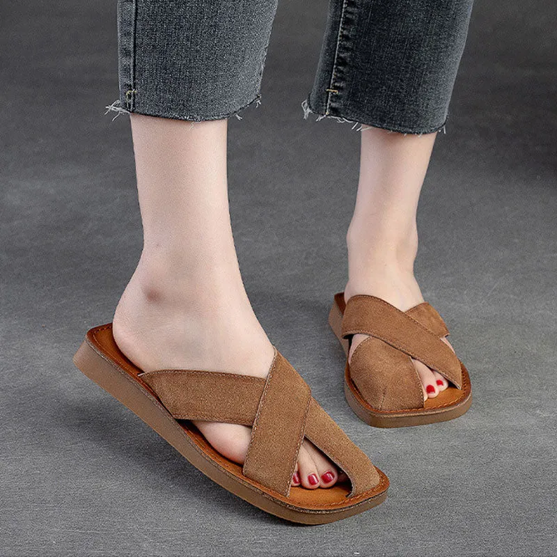 Women's Breathable Top Layer Cowhide Simple Casual Solid Color Slides