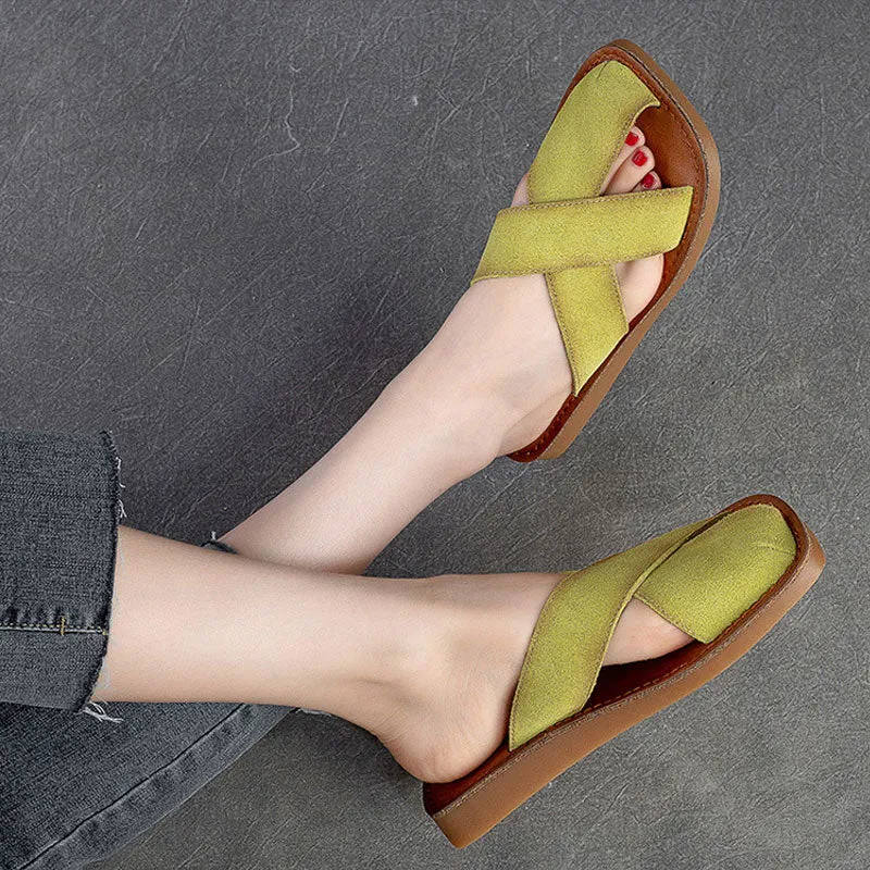 Women's Breathable Top Layer Cowhide Simple Casual Solid Color Slides